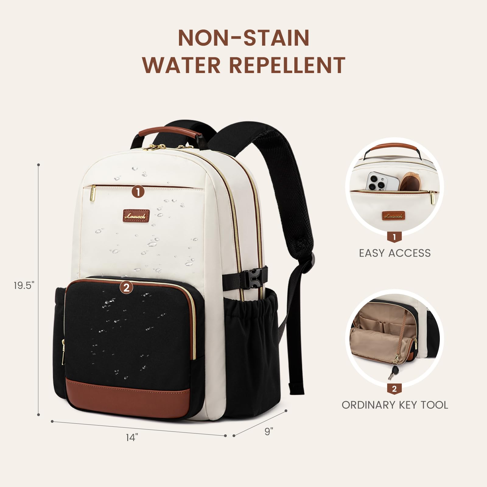 LOVEVOOK Laptop Backpack for Women with Pouch Pocket for Large Capacity Cup,18 Inch Laptop Computer Bag Travel Backpack Purse,Waterproof Work Business Backpack College Teacher Bags,Beige-Black-Brown