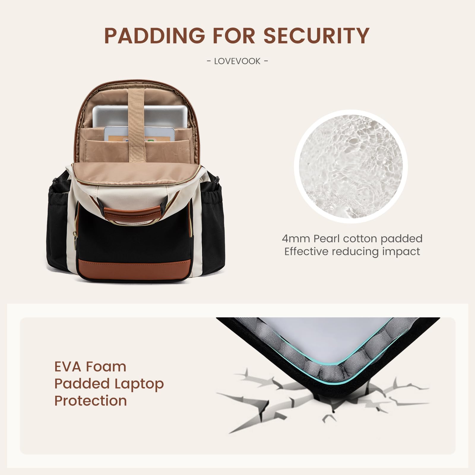 LOVEVOOK Laptop Backpack for Women with Pouch Pocket for Large Capacity Cup,18 Inch Laptop Computer Bag Travel Backpack Purse,Waterproof Work Business Backpack College Teacher Bags,Beige-Black-Brown