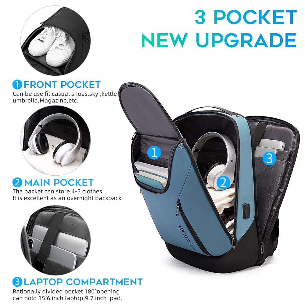 BANGE Business Smart Backpack Waterproof fit 15.6 Inch Laptop Backpack with USB Charging Port,Travel Durable Backpack (Light Blue(three Pocket), Medium)