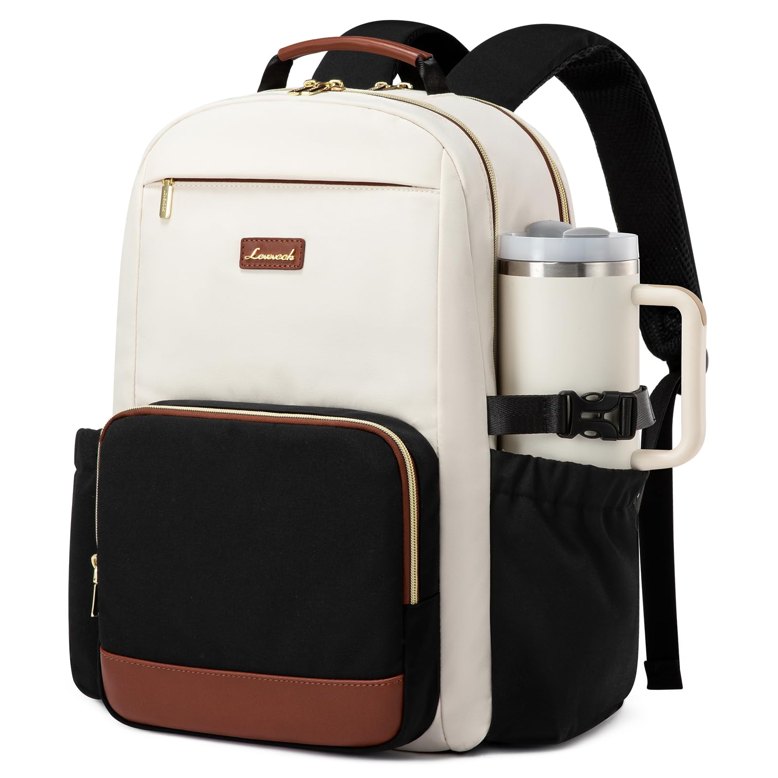 LOVEVOOK Laptop Backpack for Women with Pouch Pocket for Large Capacity Cup,18 Inch Laptop Computer Bag Travel Backpack Purse,Waterproof Work Business Backpack College Teacher Bags,Beige-Black-Brown