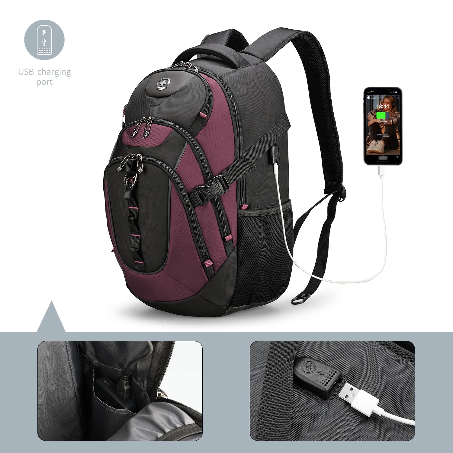 Swissdigital Design Laptop Backpack with USB Charging Port, Travel Backpack Fits 15.6 inches Computer, 31L College School Backpack for Women, Burgundy/Black | SD803