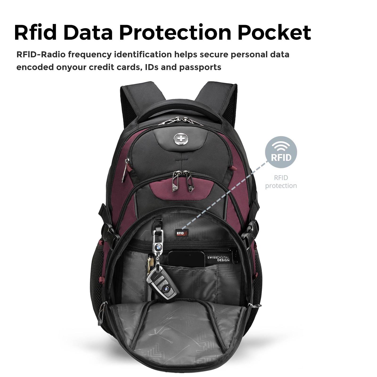 Swissdigital Design Laptop Backpack with USB Charging Port, Travel Backpack Fits 15.6 inches Computer, 31L College School Backpack for Women, Burgundy/Black | SD803