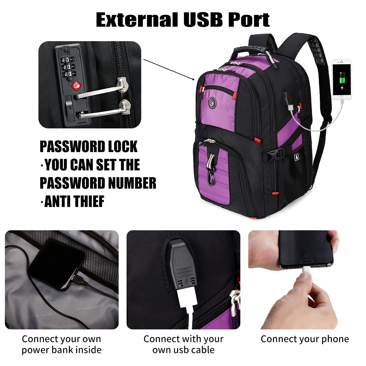 SHRRADOO Extra Large 50L Travel Laptop Backpack with USB Charging Port, College High School Backpack Airline Approved Business Work Bag Fit 17 Inch Laptops for Men Women,Purple