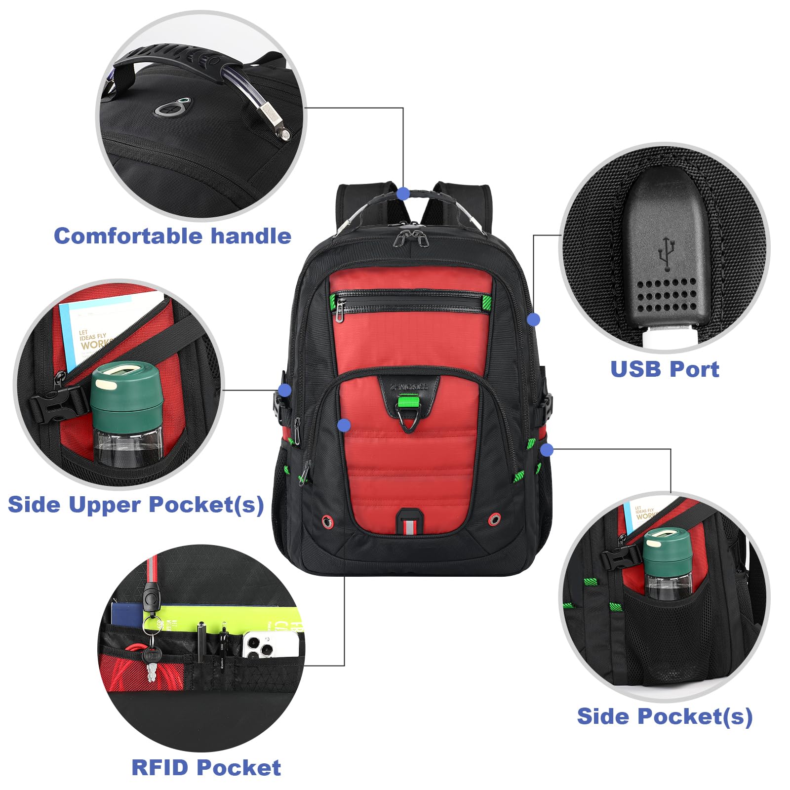 Z-MGKISS 18.4-19 Inch Extra Large Laptop Backpack, Travel Backpack for Men & Women, School Rucksack Bag with USB Charging Port and Multiple Compartments, Business Work College Daypack, Red