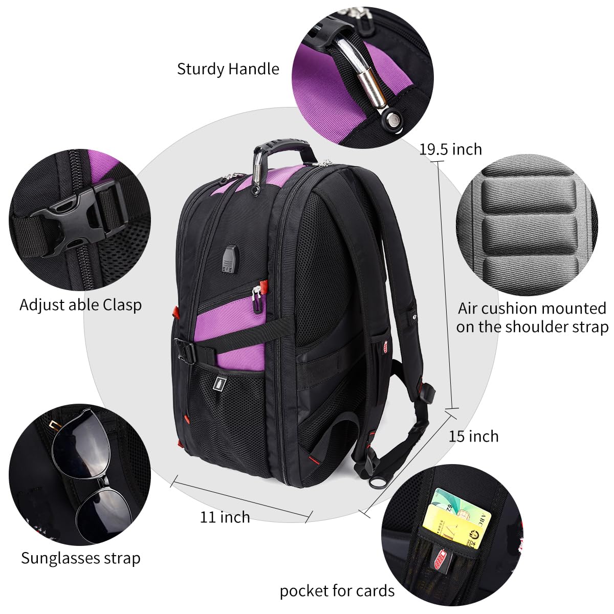 SHRRADOO Extra Large 50L Travel Laptop Backpack with USB Charging Port, College High School Backpack Airline Approved Business Work Bag Fit 17 Inch Laptops for Men Women,Purple