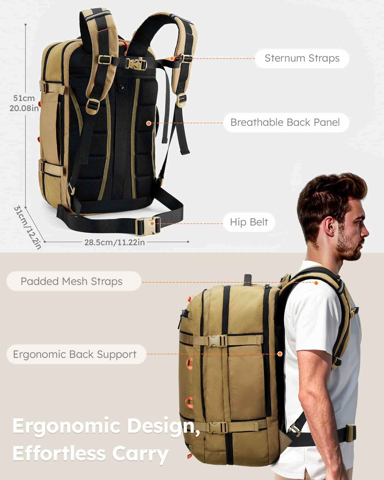 Tolaccea Travel Backpack, TSA Flight Approved Carry On Travel Laptop Backpack for Women Men, Dual Laptop Storage for 17.3" and 15.6" Laptop, Large Luggage Backpack 40-45L Expandable (Khaki)