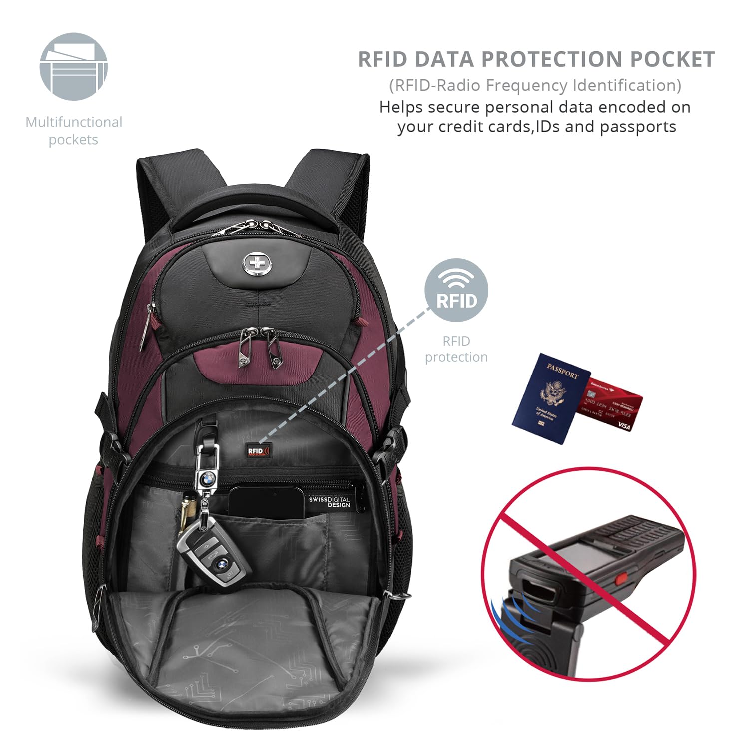 Swissdigital Design Laptop Backpack with USB Charging Port, Travel Backpack Fits 15.6 inches Computer, 31L College School Backpack for Women, Burgundy/Black | SD803