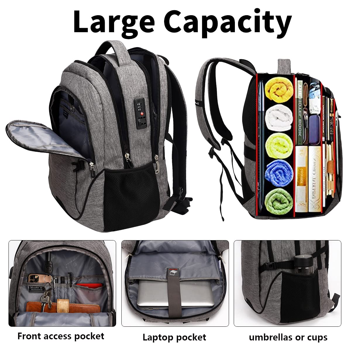SHRRADOO Anti Theft Laptop Backpack Travel Backpacks with usb Charging Port for Women Men High School College Backpack Computer Bag Fits 17 Inch Laptop,Black