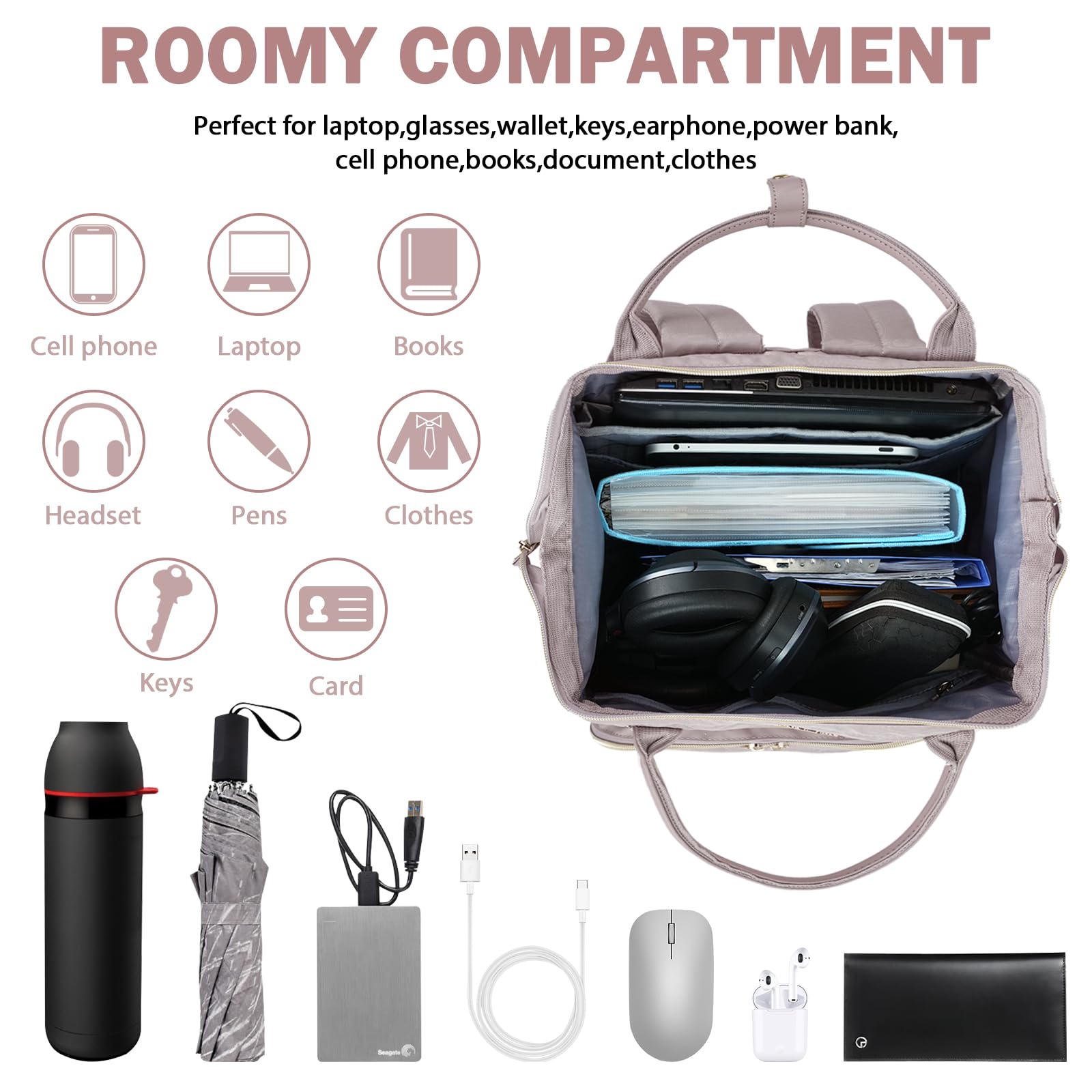 VANKEAN 17 Inch Laptop Backpack for Women Men Fashion Computer Work Bag, Large Capacity Waterproof Backpack with USB Port & RFID Pockets, College Daypack Business Travel Backpack, Light Dusty Pink