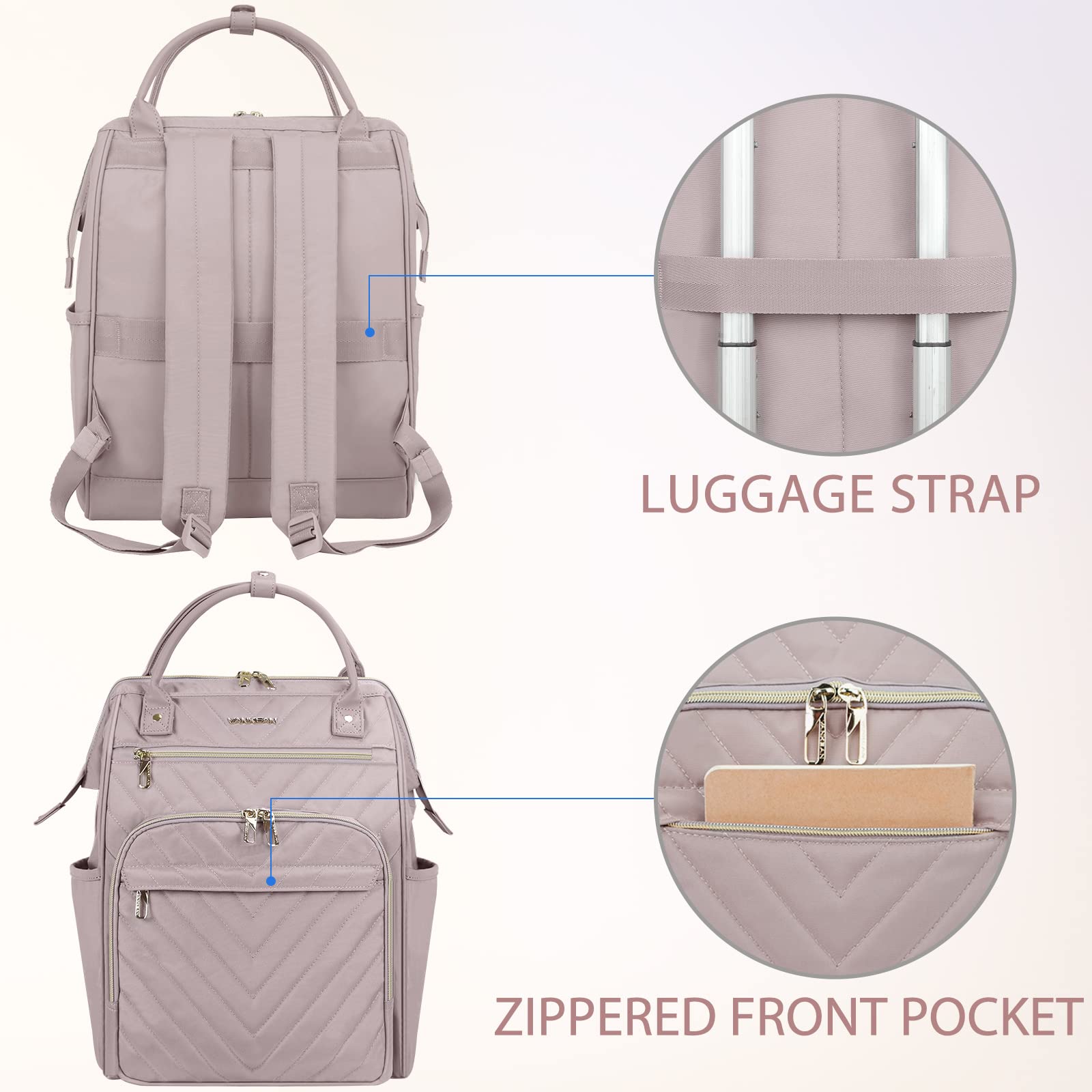 VANKEAN 17 Inch Laptop Backpack for Women Men Fashion Computer Work Bag, Large Capacity Waterproof Backpack with USB Port & RFID Pockets, College Daypack Business Travel Backpack, Light Dusty Pink