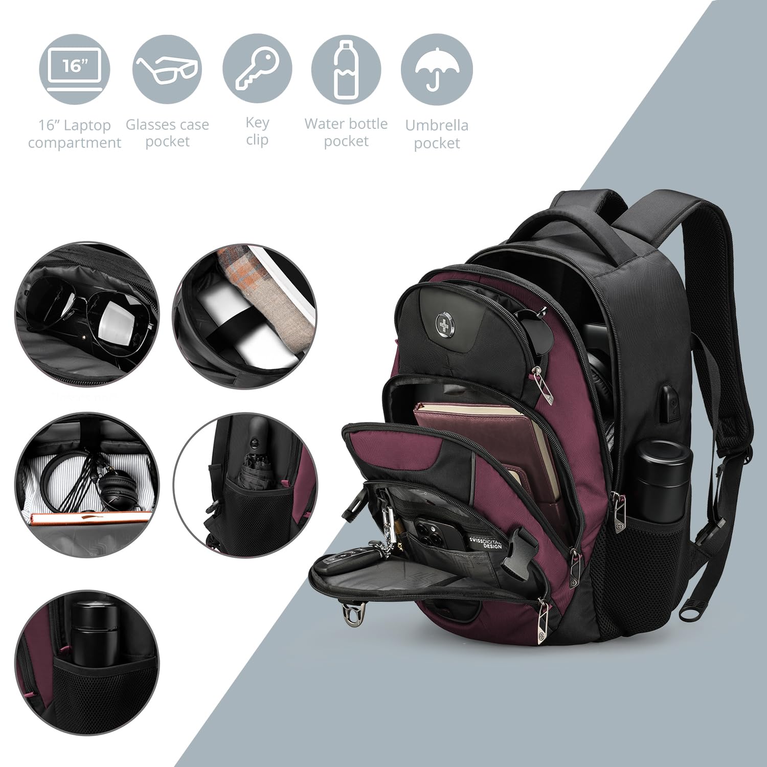 Swissdigital Design Laptop Backpack with USB Charging Port, Travel Backpack Fits 15.6 inches Computer, 31L College School Backpack for Women, Burgundy/Black | SD803