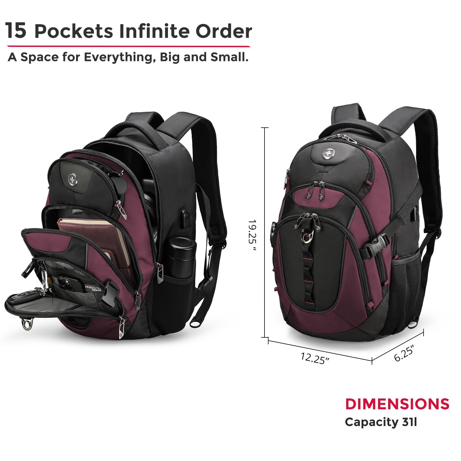 Swissdigital Design Laptop Backpack with USB Charging Port, Travel Backpack Fits 15.6 inches Computer, 31L College School Backpack for Women, Burgundy/Black | SD803
