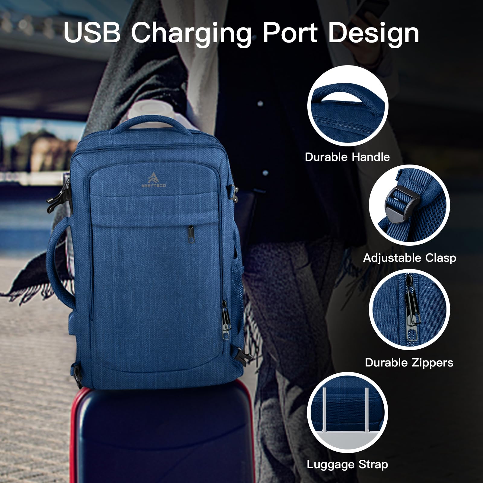 AREYTECO Large Travel Laptop Backpack for Men, 50L Carry On Backpack, Expandable Laptop Bag Water Resistant Overnight Weekender Gym Daypack Traveling Backpack, Traveler Gifts, Blue