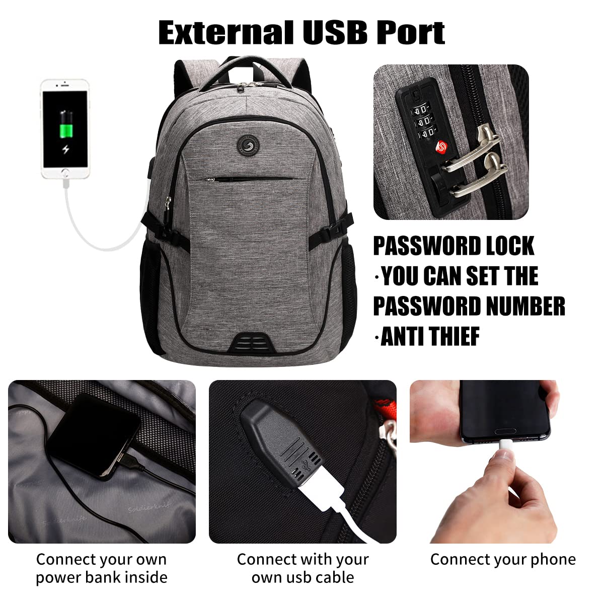 SHRRADOO Anti Theft Laptop Backpack Travel Backpacks with usb Charging Port for Women Men High School College Backpack Computer Bag Fits 17 Inch Laptop,Black