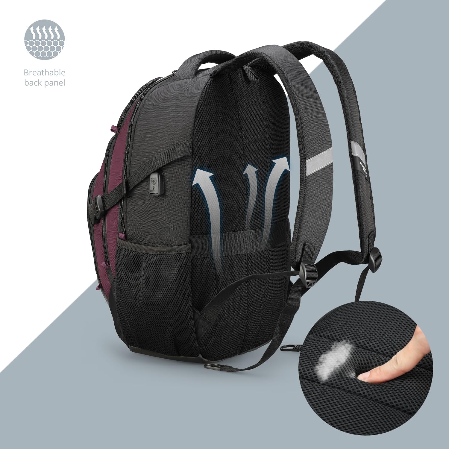 Swissdigital Design Laptop Backpack with USB Charging Port, Travel Backpack Fits 15.6 inches Computer, 31L College School Backpack for Women, Burgundy/Black | SD803
