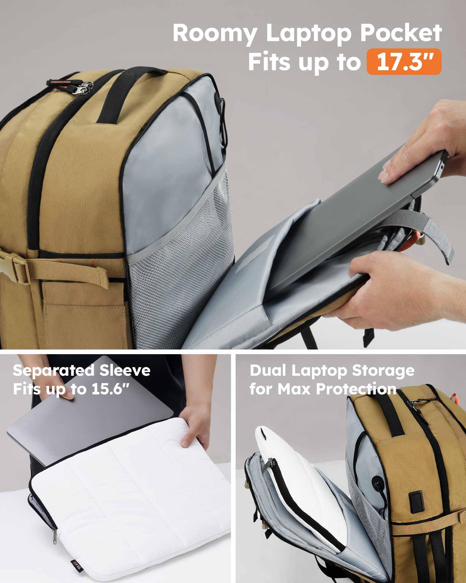 Tolaccea Travel Backpack, TSA Flight Approved Carry On Travel Laptop Backpack for Women Men, Dual Laptop Storage for 17.3" and 15.6" Laptop, Large Luggage Backpack 40-45L Expandable (Khaki)