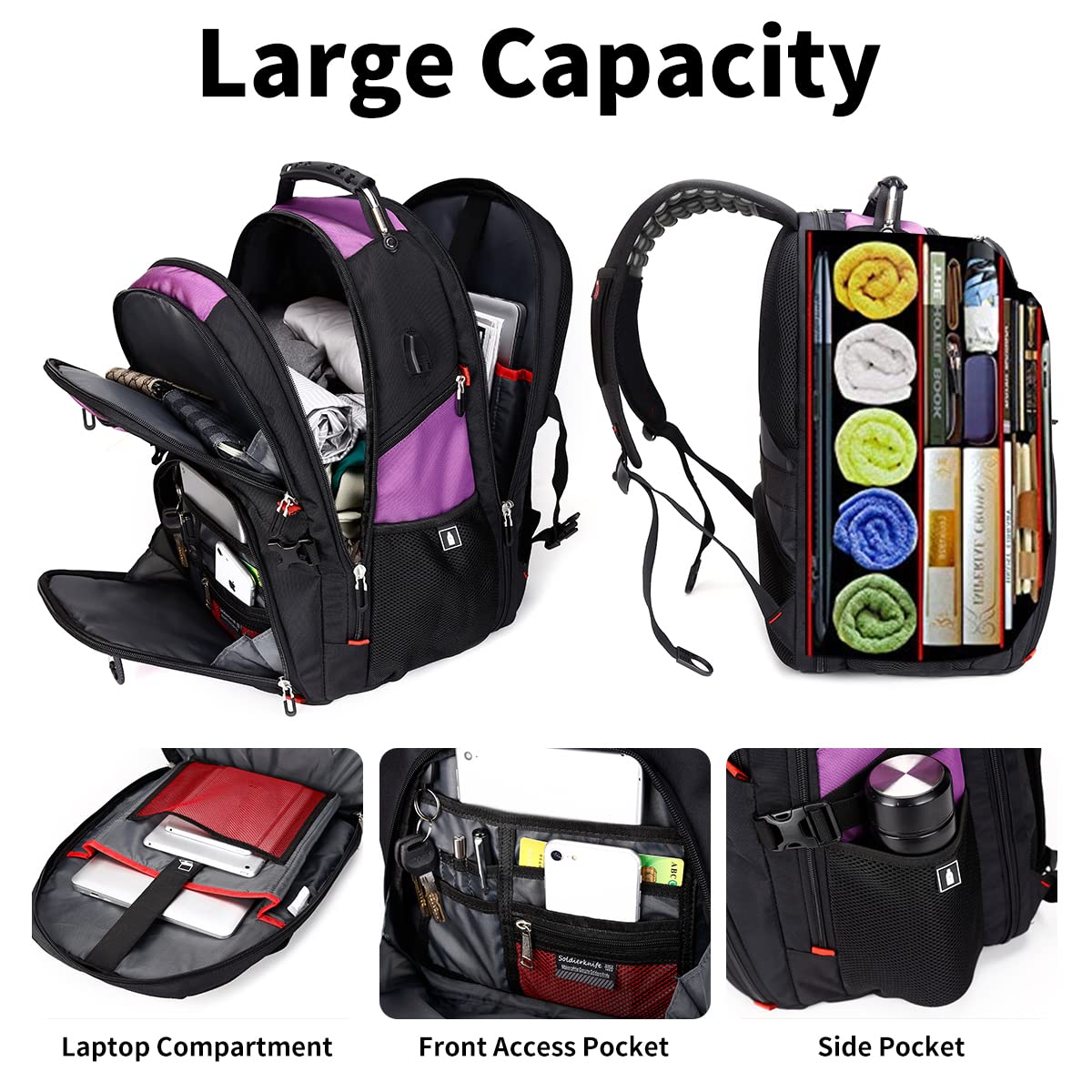 SHRRADOO Extra Large 50L Travel Laptop Backpack with USB Charging Port, College High School Backpack Airline Approved Business Work Bag Fit 17 Inch Laptops for Men Women,Purple