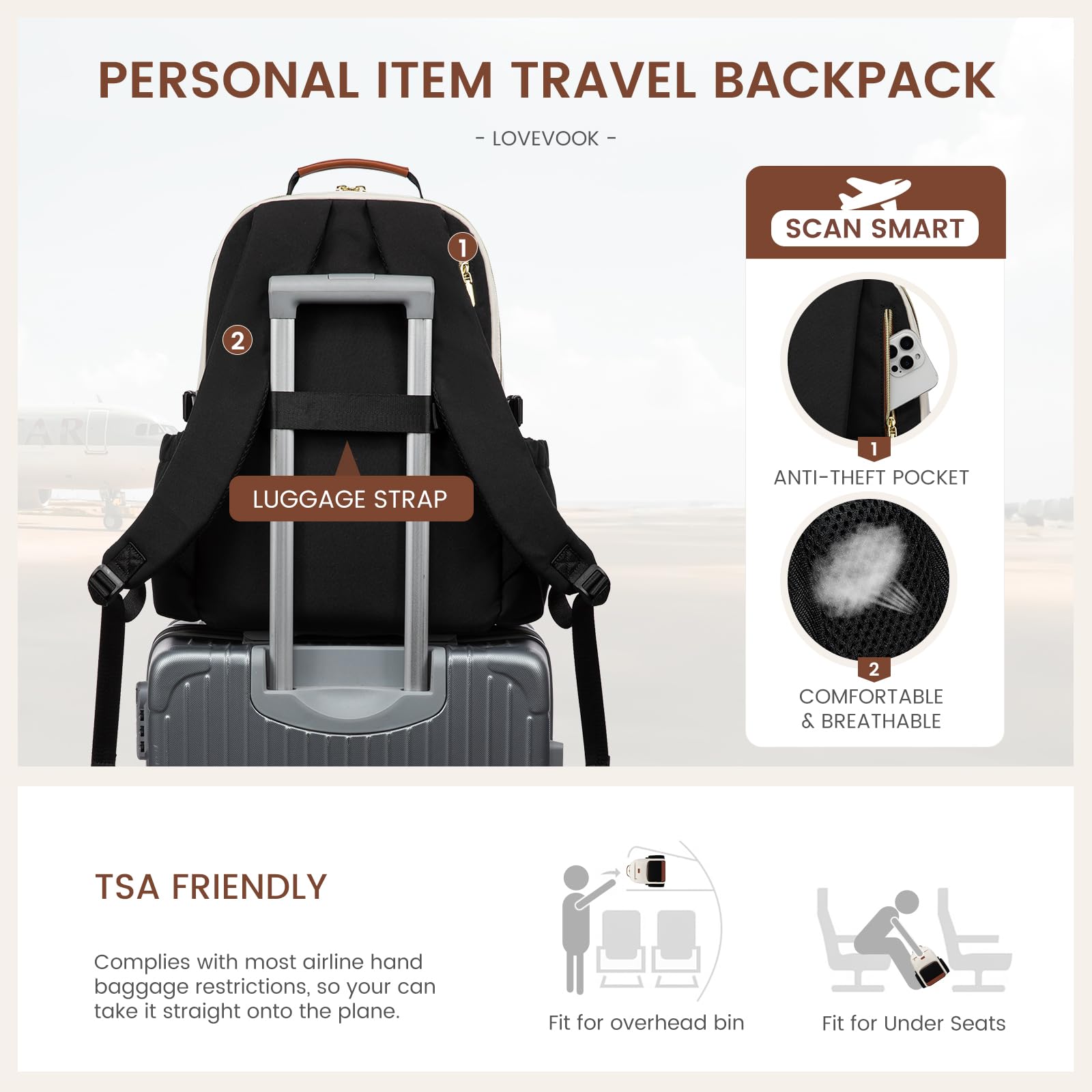 LOVEVOOK Laptop Backpack for Women with Pouch Pocket for Large Capacity Cup,18 Inch Laptop Computer Bag Travel Backpack Purse,Waterproof Work Business Backpack College Teacher Bags,Beige-Black-Brown