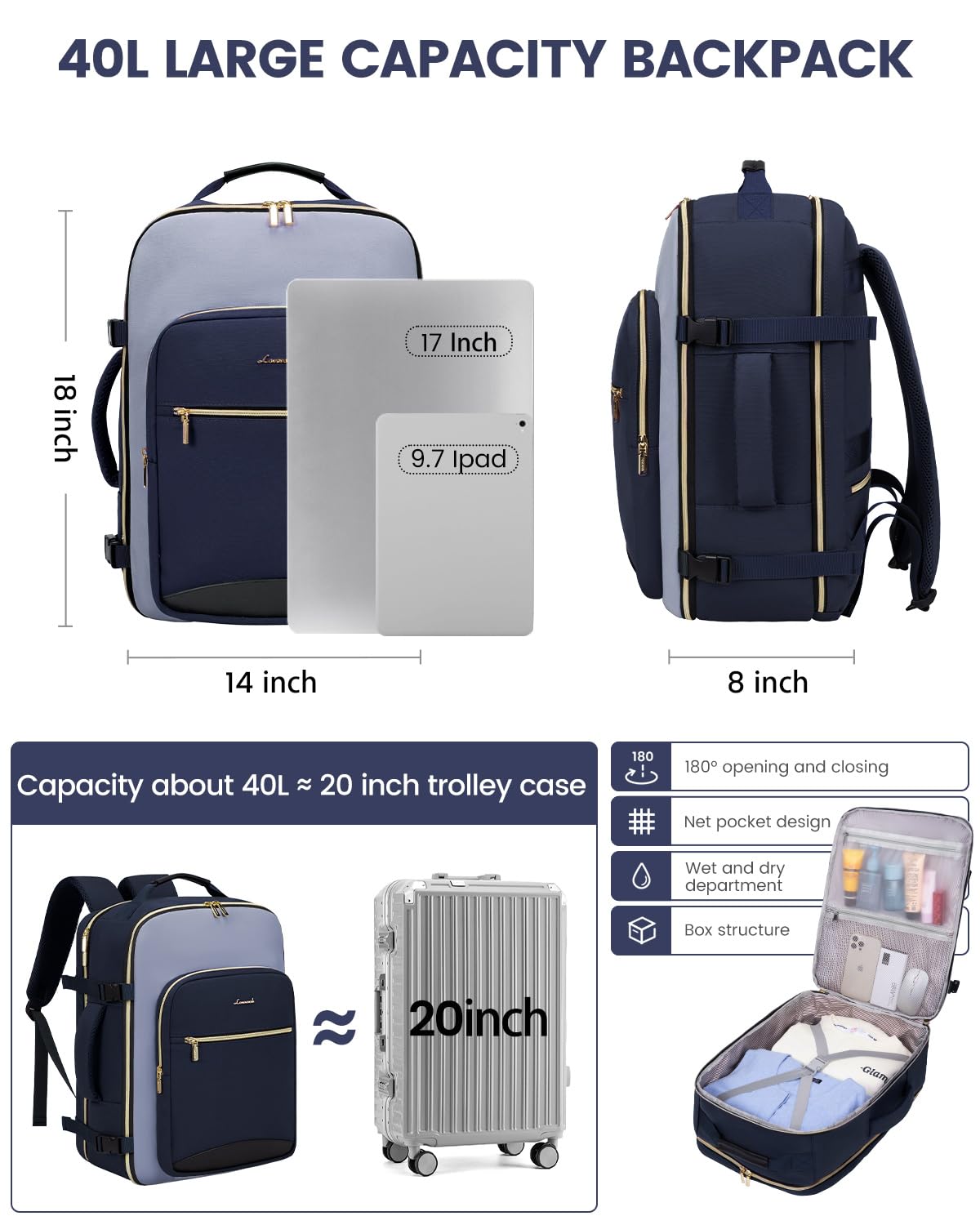 LOVEVOOK 40L Travel Backpack for Women & Men, Airline Approved Carry On Luggage with 3 Packing Cubes, TSA Overnight Bags, Waterproof Personal Item Bag, Weekender Essentials Backpacks fits 17" Laptop