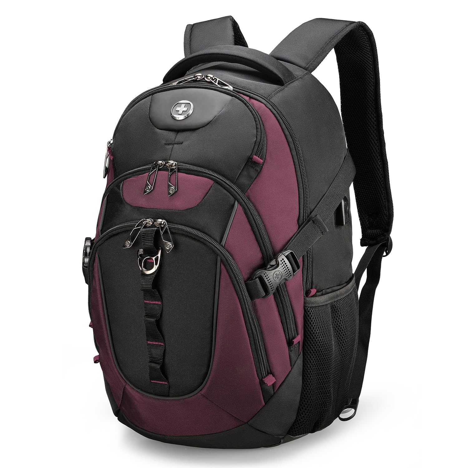 Swissdigital Design Laptop Backpack with USB Charging Port, Travel Backpack Fits 15.6 inches Computer, 31L College School Backpack for Women, Burgundy/Black | SD803