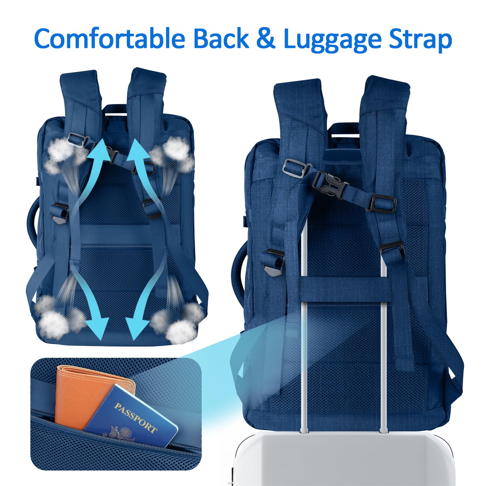 AREYTECO Large Travel Laptop Backpack for Men, 50L Carry On Backpack, Expandable Laptop Bag Water Resistant Overnight Weekender Gym Daypack Traveling Backpack, Traveler Gifts, Blue
