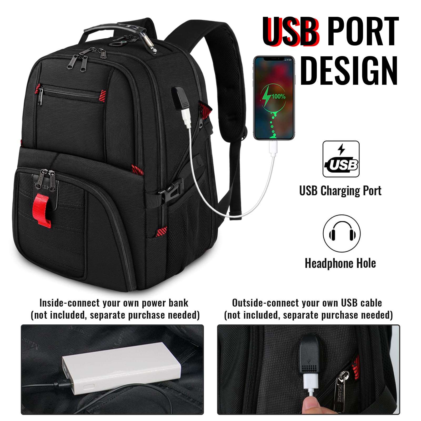 YOREPEK Large Backpack for Men, Extra Large Laptop Backpacks for Men Women, Water Resistant Travel Backpack Airline Approved Business Work Bag with USB Charging Port Fits 17 Inch Computer, Black
