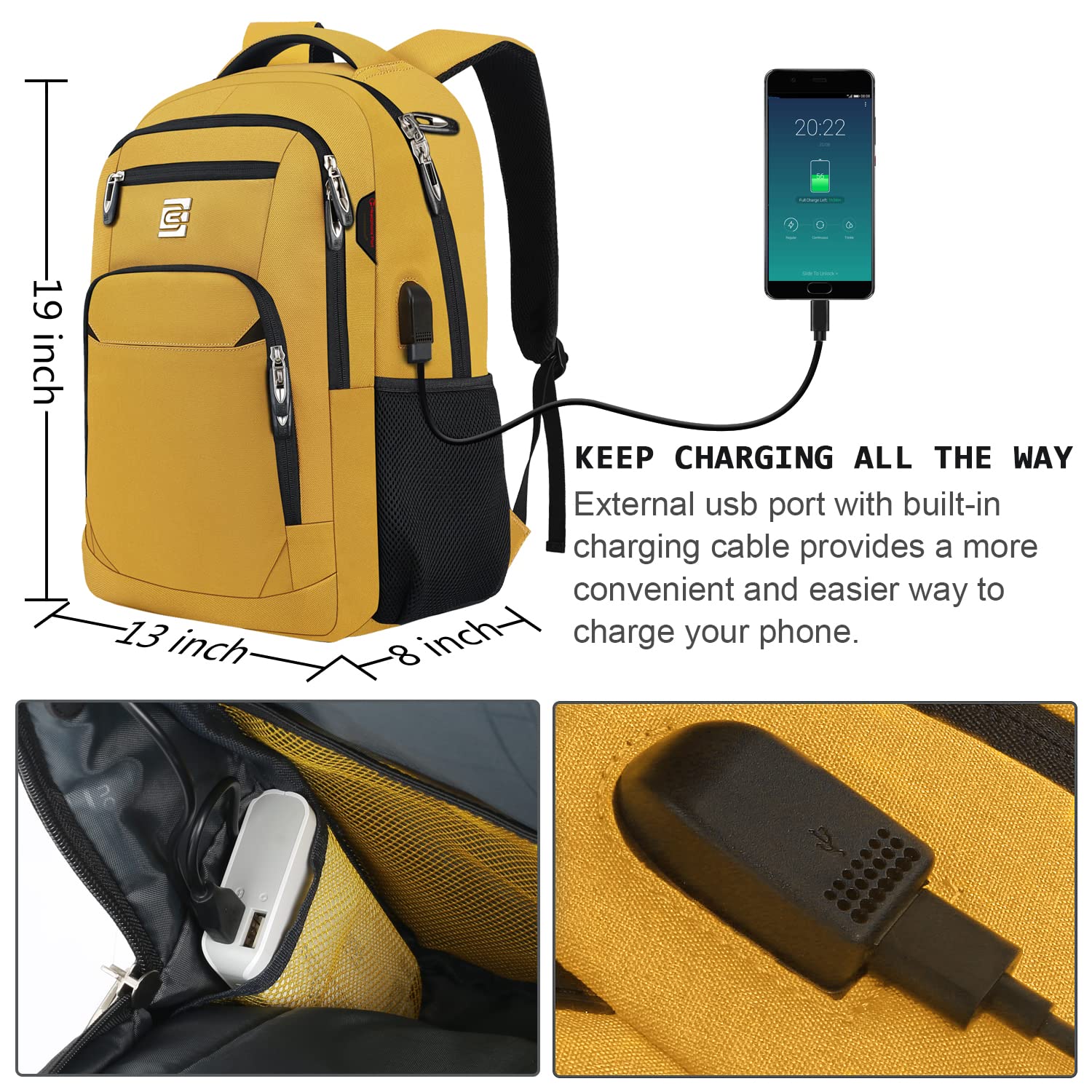 Laptop Backpack,Business Travel Anti Theft Slim Durable Laptops Backpack with USB Charging Port,Water Resistant College Computer Bag for Women & Men Fits 15.6 Inch Laptop and Notebook-Yellow