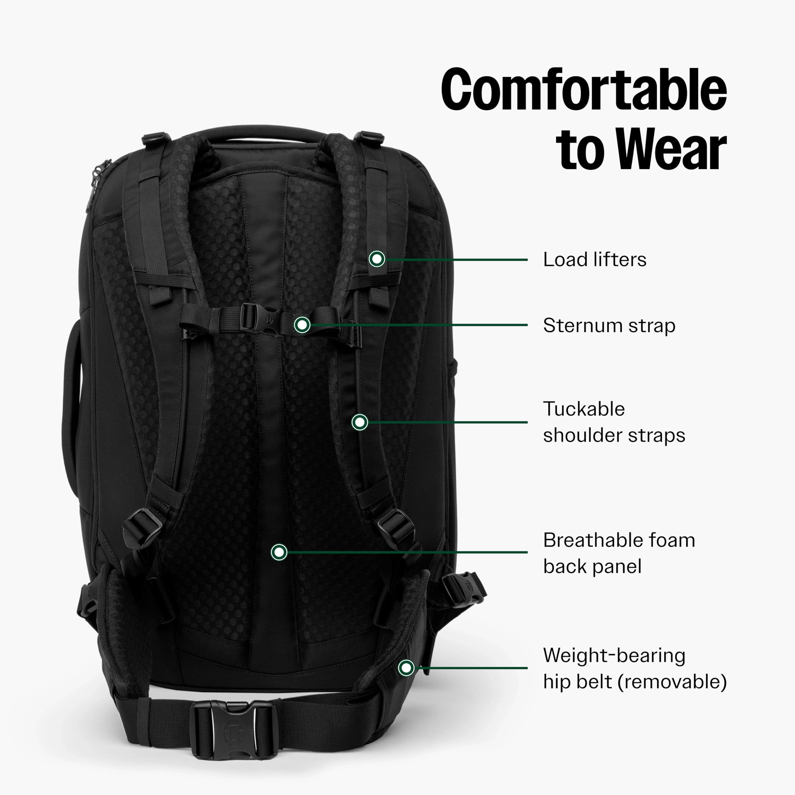 Tortuga 40L Travel Backpack Lite, Black - Large Carry-On Travel Backpack for Men and Women - Durable, Comfortable, Easy to Pack, Airline-Approved Bag with Laptop Compartment
