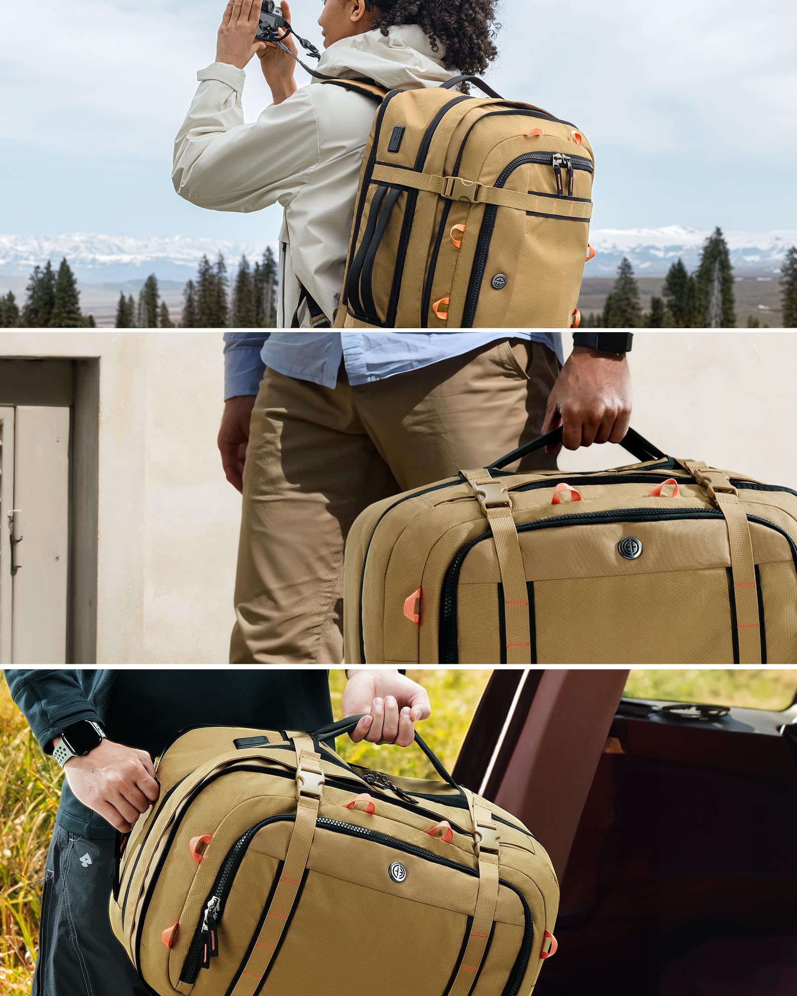 Tolaccea Travel Backpack, TSA Flight Approved Carry On Travel Laptop Backpack for Women Men, Dual Laptop Storage for 17.3" and 15.6" Laptop, Large Luggage Backpack 40-45L Expandable (Khaki)