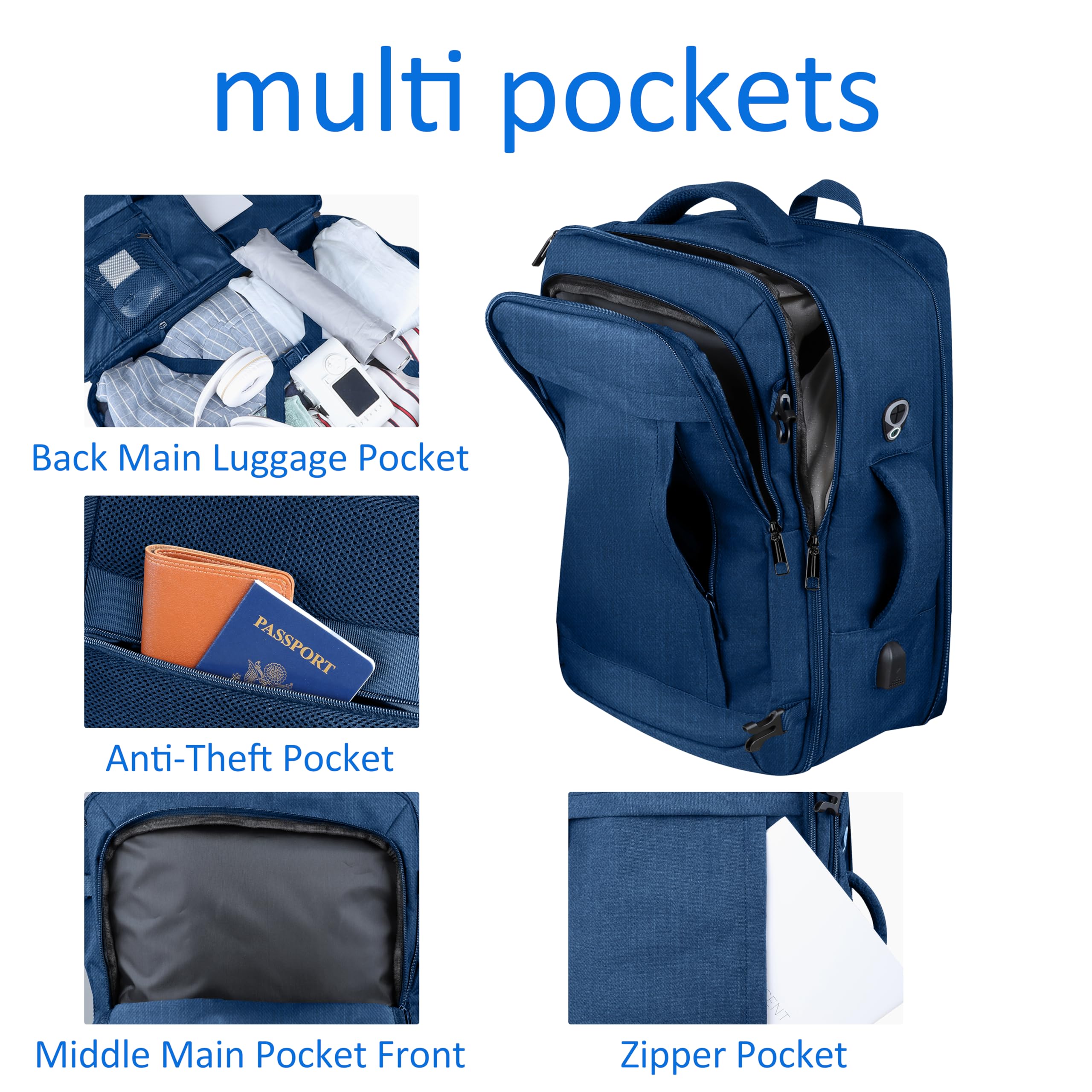 AREYTECO Large Travel Laptop Backpack for Men, 50L Carry On Backpack, Expandable Laptop Bag Water Resistant Overnight Weekender Gym Daypack Traveling Backpack, Traveler Gifts, Blue