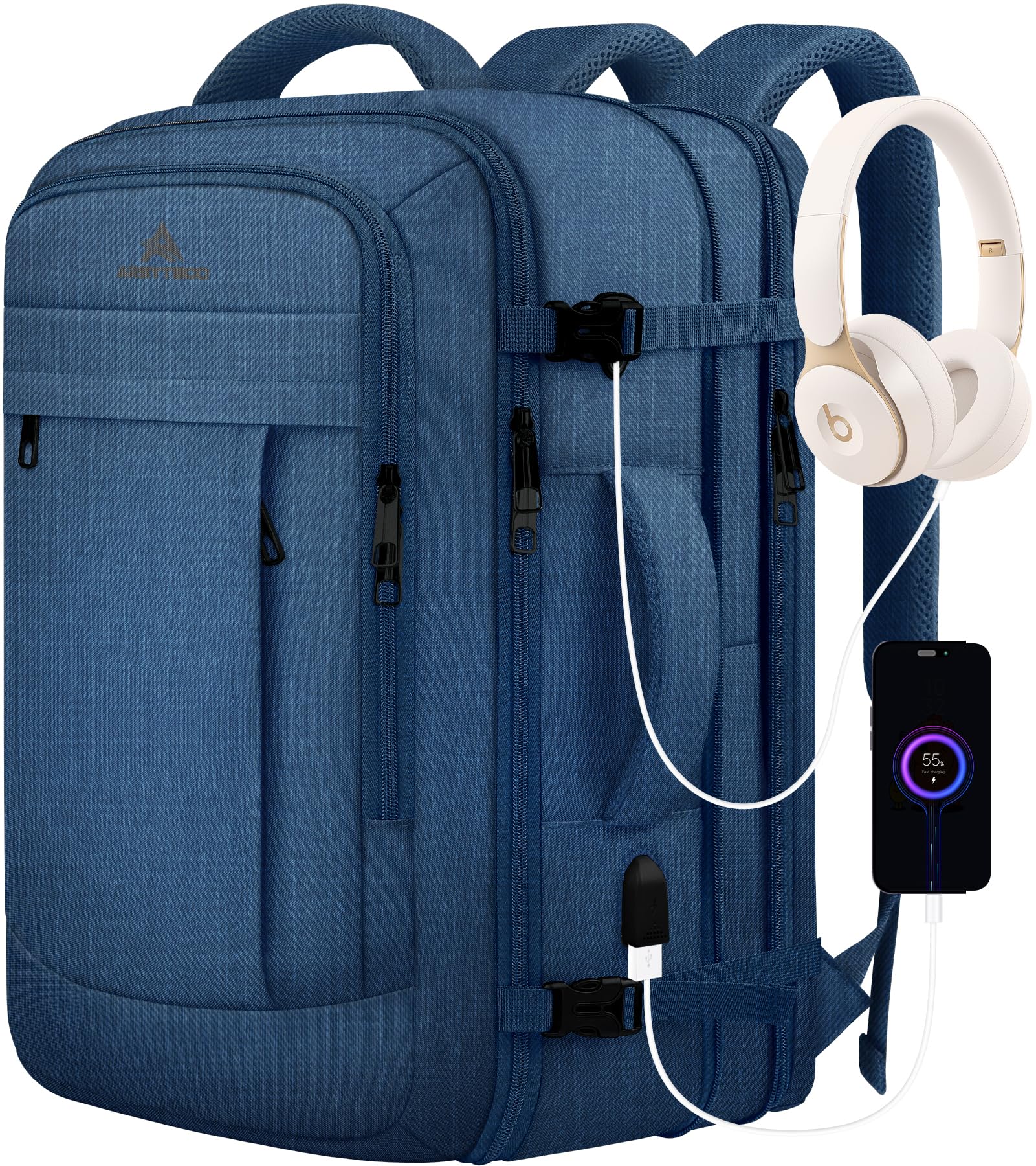 AREYTECO Large Travel Laptop Backpack for Men, 50L Carry On Backpack, Expandable Laptop Bag Water Resistant Overnight Weekender Gym Daypack Traveling Backpack, Traveler Gifts, Blue