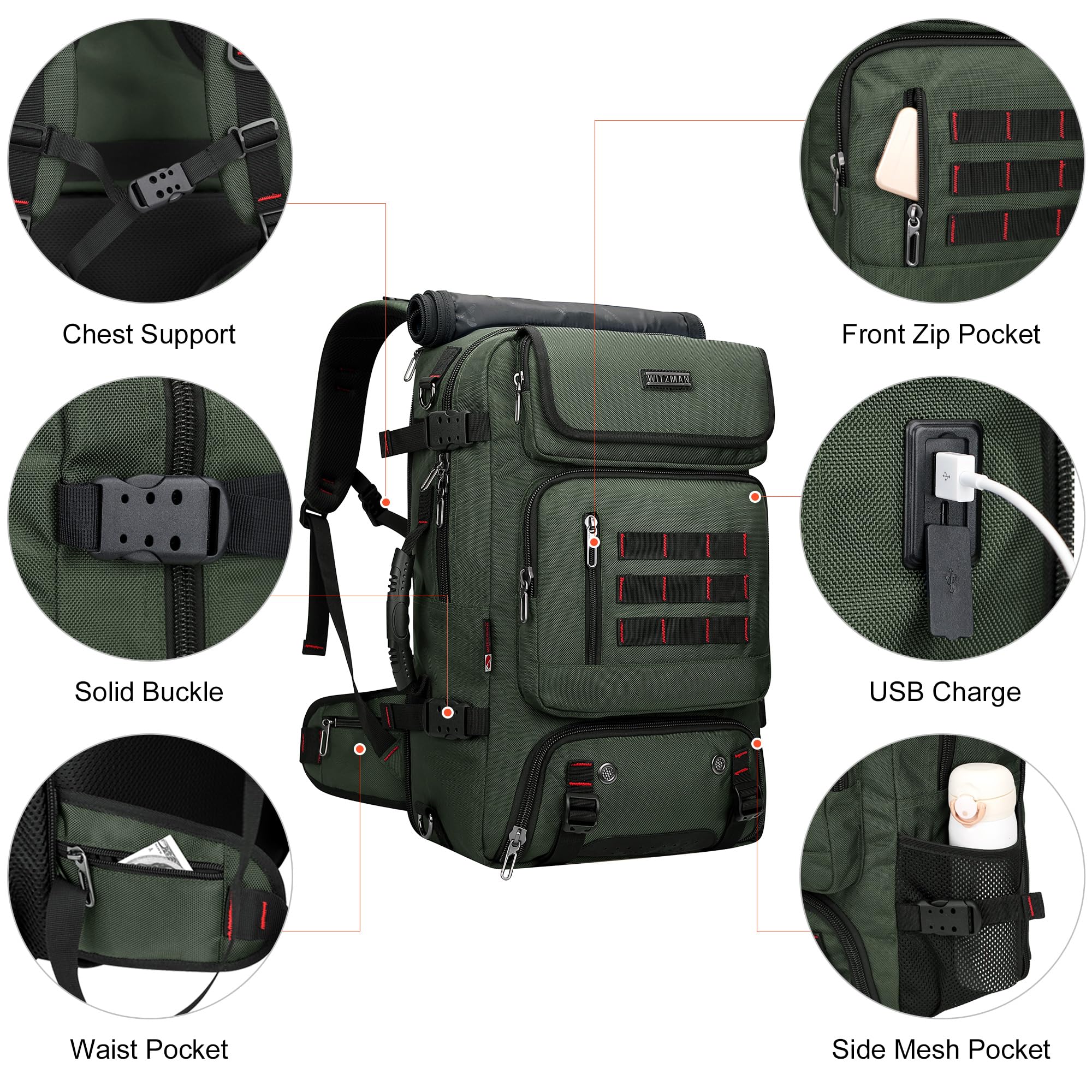 WITZMAN Carry on Travel Backpack for Men Women Airline Approved Convertible Nylon Duffle Backpack Luggage Bag (B682 Army Green)