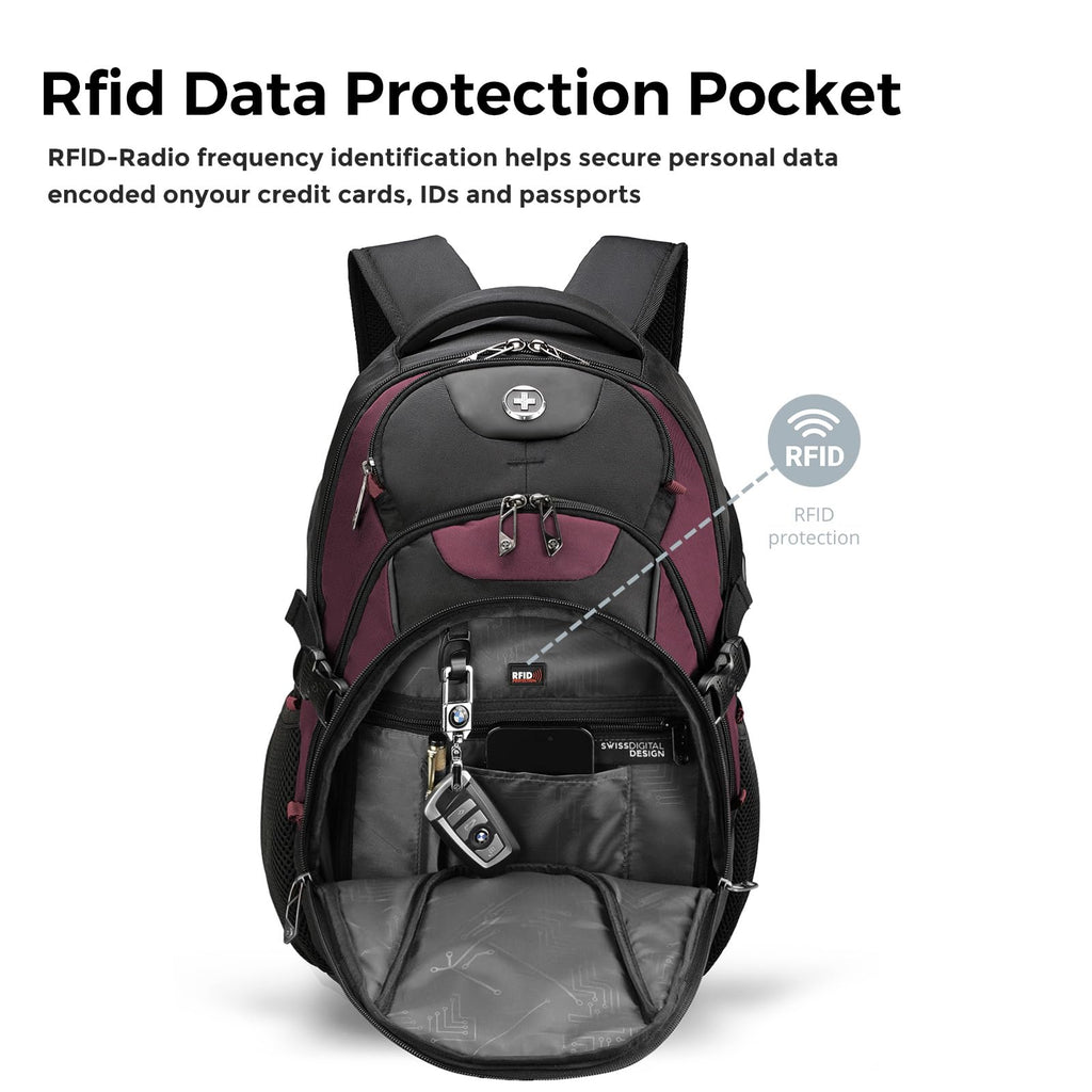 Swissdigital Design Laptop Backpack with USB Charging Port, Travel Backpack Fits 15.6 inches Computer, 31L College School Backpack for Women, Burgundy/Black | SD803