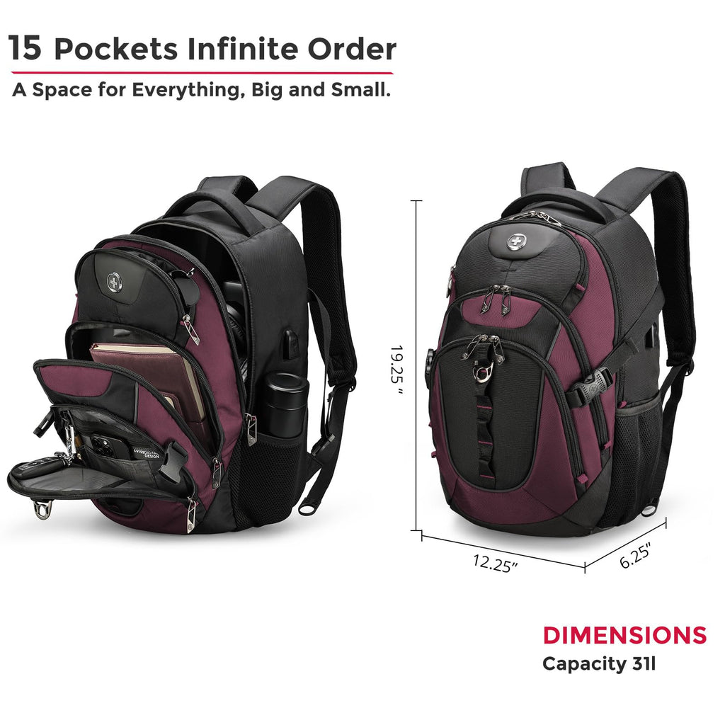 Swissdigital Design Laptop Backpack with USB Charging Port, Travel Backpack Fits 15.6 inches Computer, 31L College School Backpack for Women, Burgundy/Black | SD803