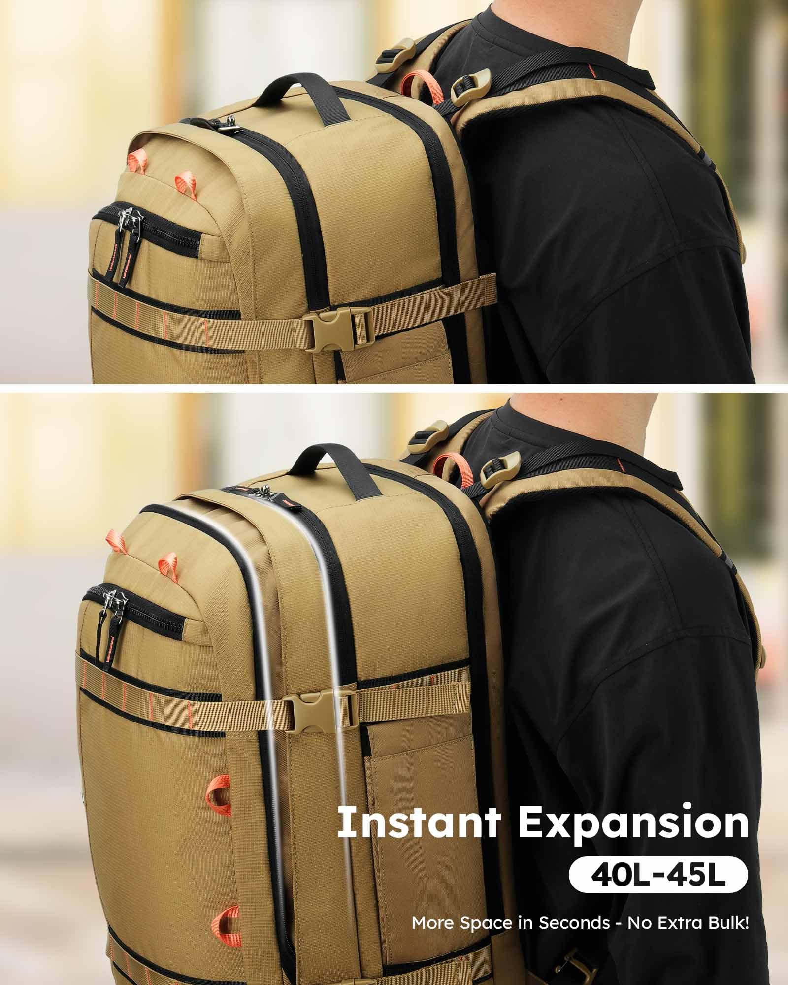 Tolaccea Travel Backpack, TSA Flight Approved Carry On Travel Laptop Backpack for Women Men, Dual Laptop Storage for 17.3" and 15.6" Laptop, Large Luggage Backpack 40-45L Expandable (Khaki)