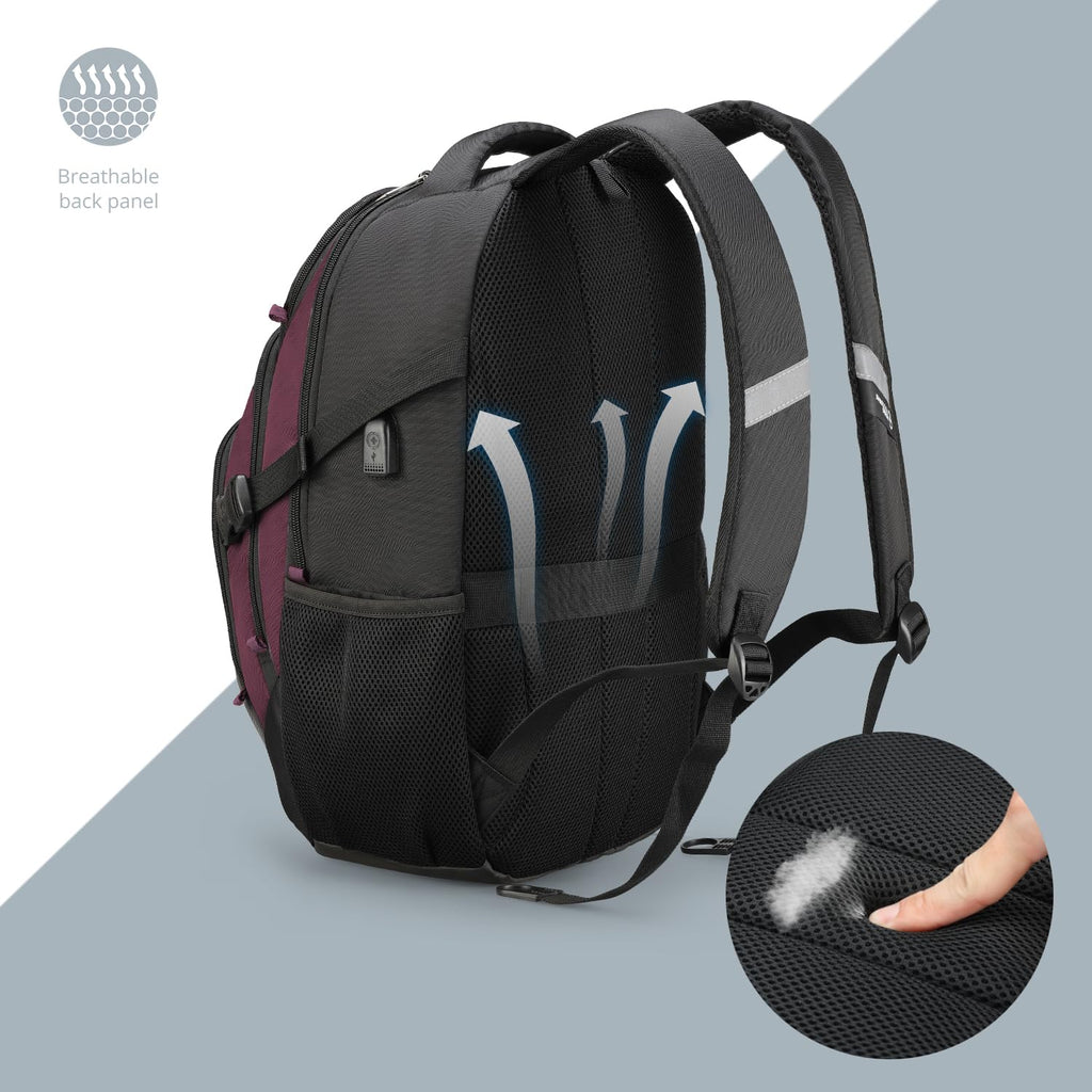 Swissdigital Design Laptop Backpack with USB Charging Port, Travel Backpack Fits 15.6 inches Computer, 31L College School Backpack for Women, Burgundy/Black | SD803