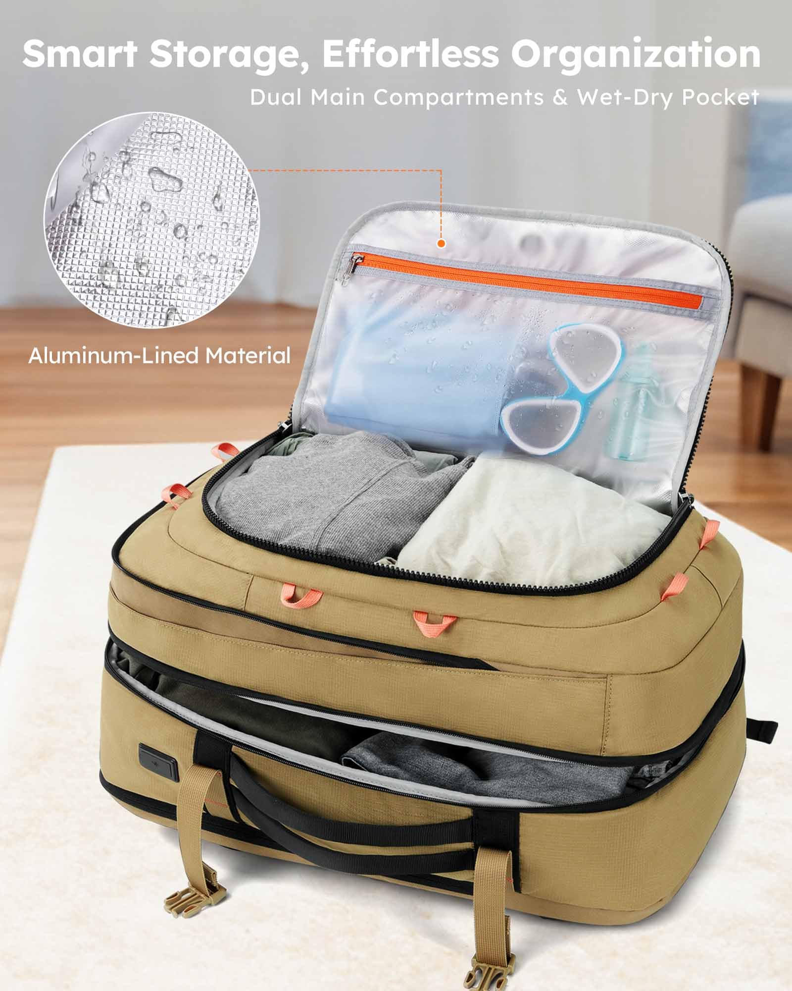 Tolaccea Travel Backpack, TSA Flight Approved Carry On Travel Laptop Backpack for Women Men, Dual Laptop Storage for 17.3" and 15.6" Laptop, Large Luggage Backpack 40-45L Expandable (Khaki)