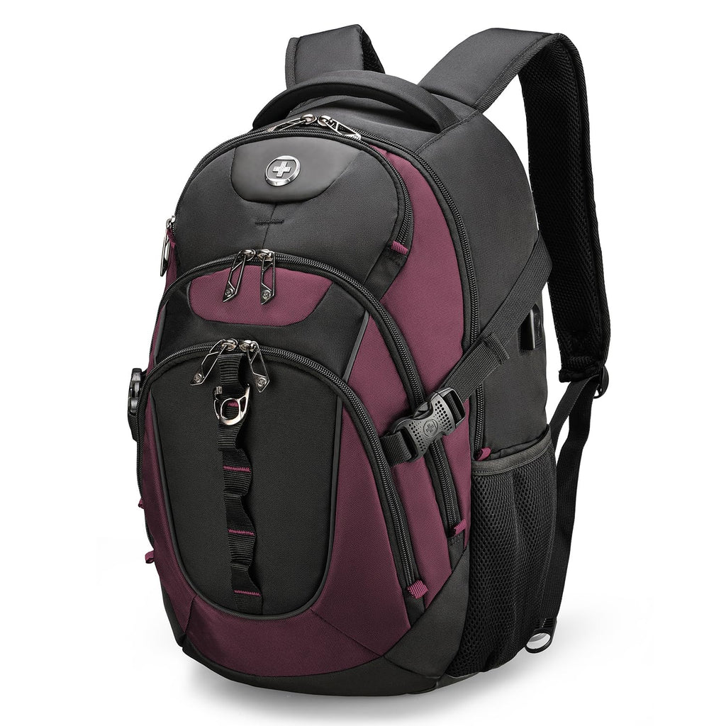 Swissdigital Design Laptop Backpack with USB Charging Port, Travel Backpack Fits 15.6 inches Computer, 31L College School Backpack for Women, Burgundy/Black | SD803