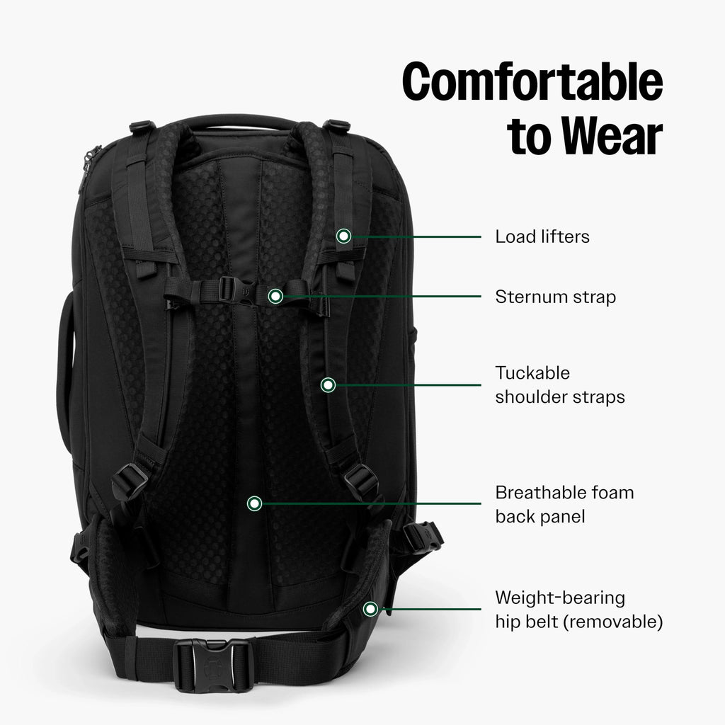 Tortuga 40L Travel Backpack Lite, Black - Large Carry-On Travel Backpack for Men and Women - Durable, Comfortable, Easy to Pack, Airline-Approved Bag with Laptop Compartment
