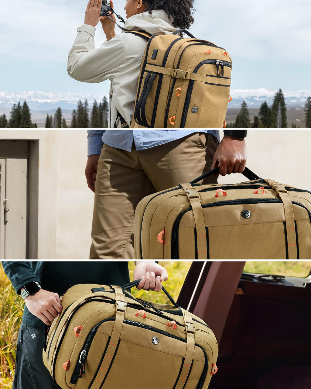 Tolaccea Travel Backpack, TSA Flight Approved Carry On Travel Laptop Backpack for Women Men, Dual Laptop Storage for 17.3" and 15.6" Laptop, Large Luggage Backpack 40-45L Expandable (Khaki)
