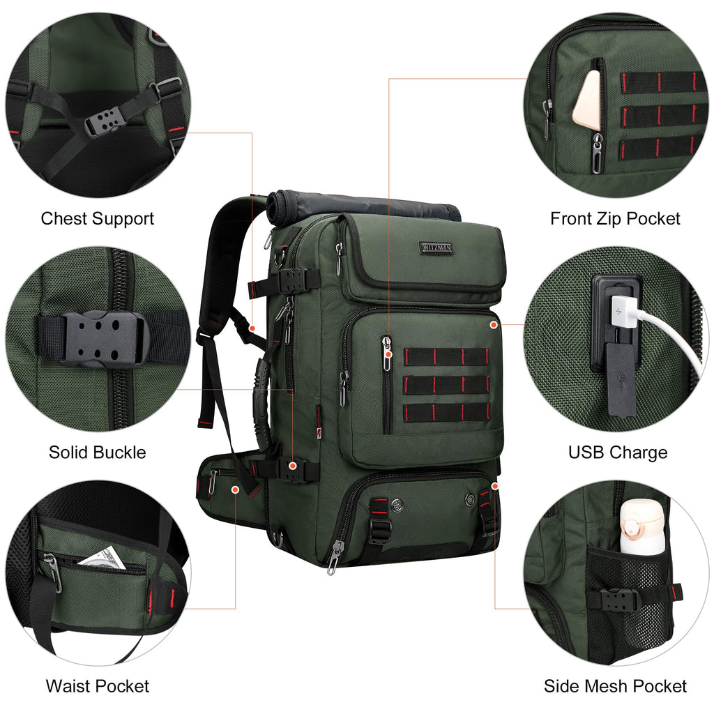 WITZMAN Carry on Travel Backpack for Men Women Airline Approved Convertible Nylon Duffle Backpack Luggage Bag (B682 Army Green)